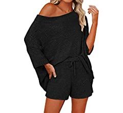 Mafulus Women's 2 Piece Outfits Sweater Sets Off Shoulder Knit Top Shorts Matching Suits Cute Paj... | Amazon (US)