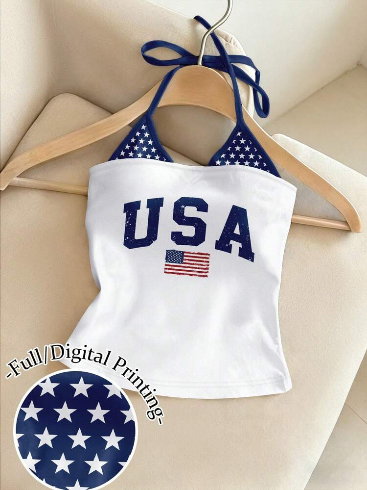 Resyla Women's USA Letter Flag Print Casual Halter Neck Camisole Top Tee | SHEIN