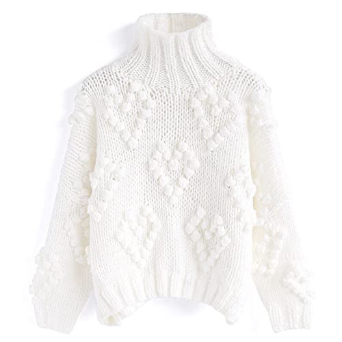 CHICWISH Women's Comfy Casual Soft Heart Shape Balls Hand Knit Long Sleeve Ivory Beige Turtleneck Sweater Pullover | Amazon (US)