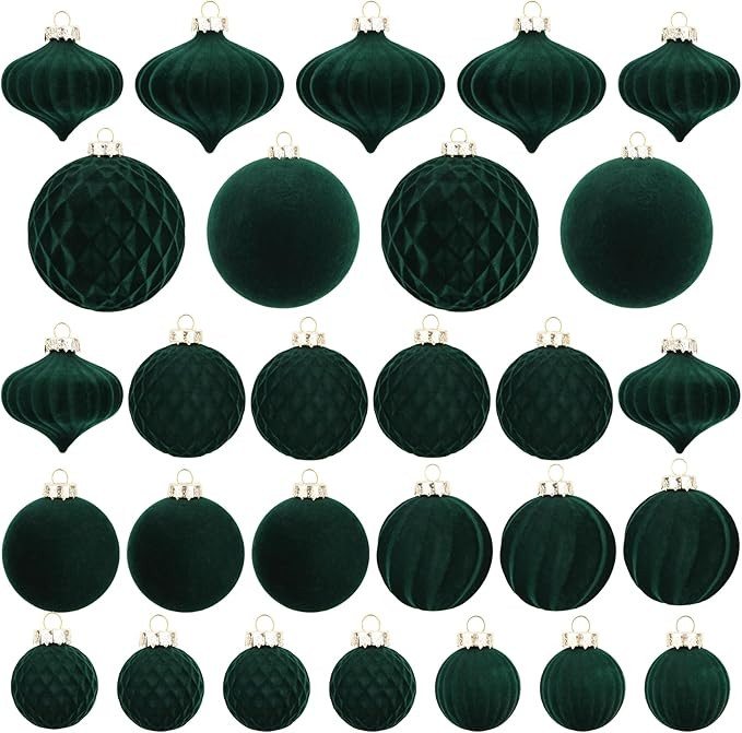 Christmas Tree Ornaments Green Velvet - Pack of 28pcs Flocked Xmas Balls Ornament Decorations Ass... | Amazon (US)
