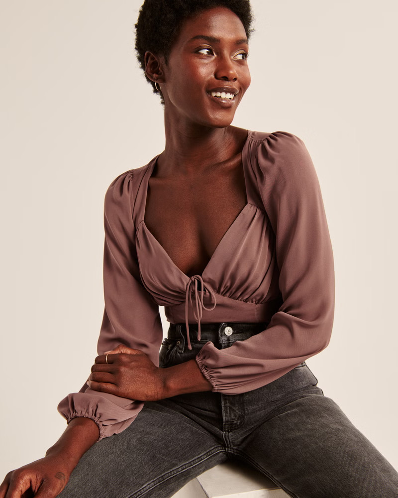 Long-Sleeve Ruched Tie-Front Top | Abercrombie & Fitch (US)