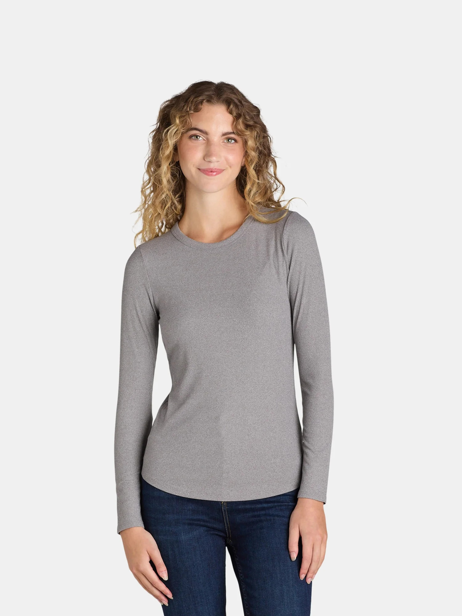 No Boundaries Ribbed Crewneck Tee with Long Sleeves, 1 or 2-Pack, Women's - Walmart.com | Walmart (US)