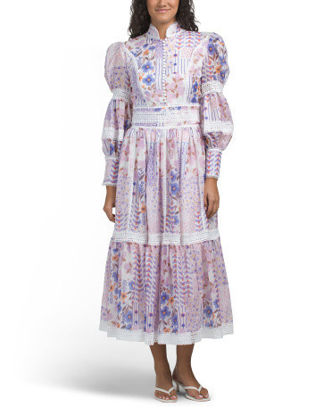 Long Sleeve Floral Lace Trim Maxi Dress For Women, Spandex/Polyester | TJ Maxx