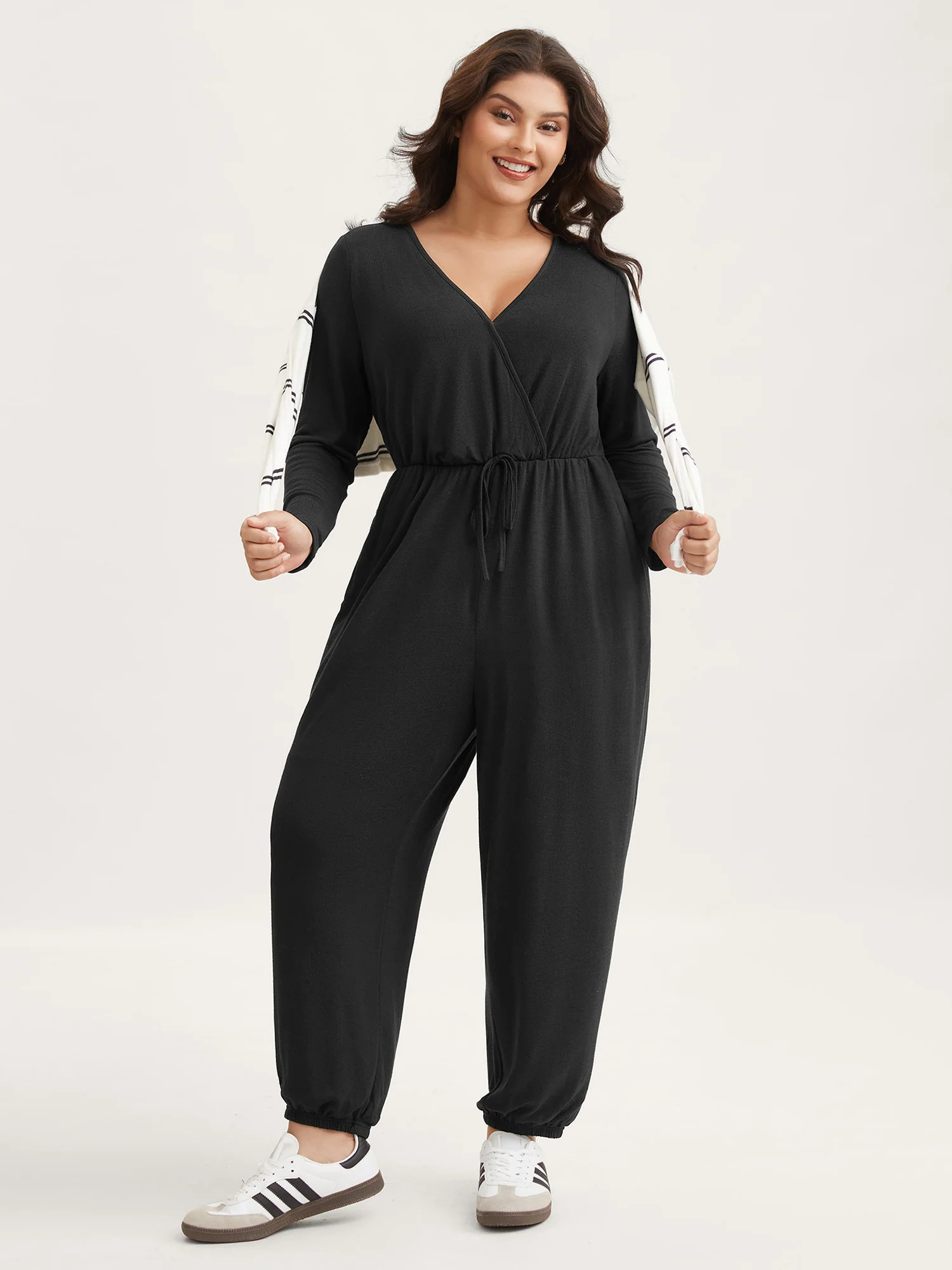 Elastic Waist Overlap Collar Lounge Jumpsuit | Bloomchic