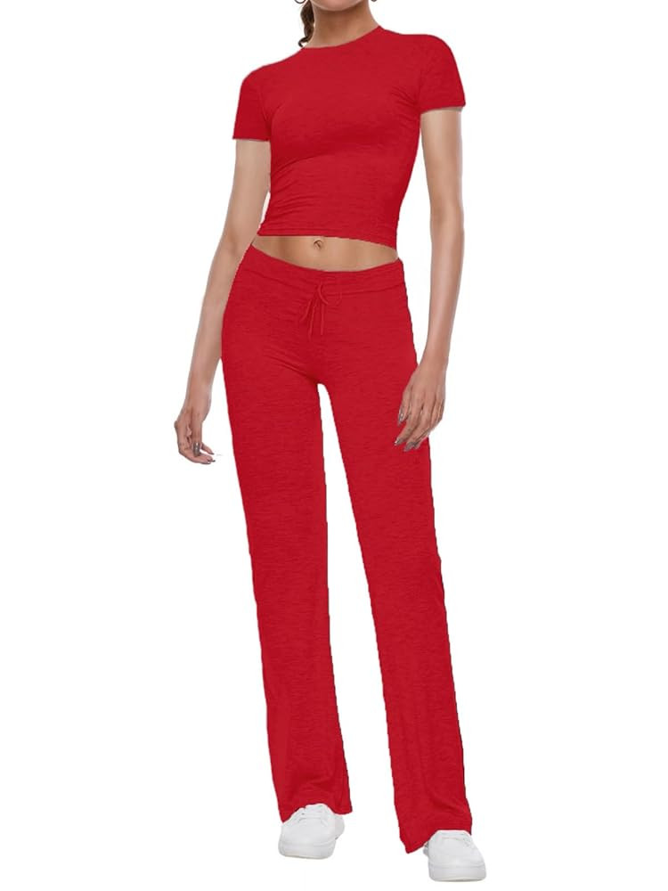 AnotherChill Women's 2 Piece Lounge Sets Straight Leg Pants Set Short Sleeve Crop T-shirt Casual ... | Amazon (US)