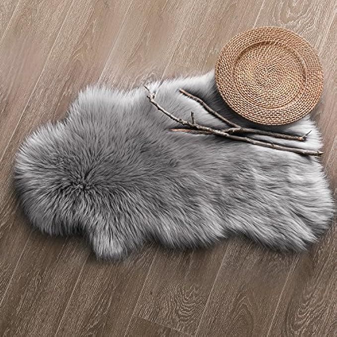 Ashler Soft Faux Sheepskin Fur Chair Couch Cover Grey Area Rug for Bedroom Floor Sofa Living Room 2  | Amazon (US)