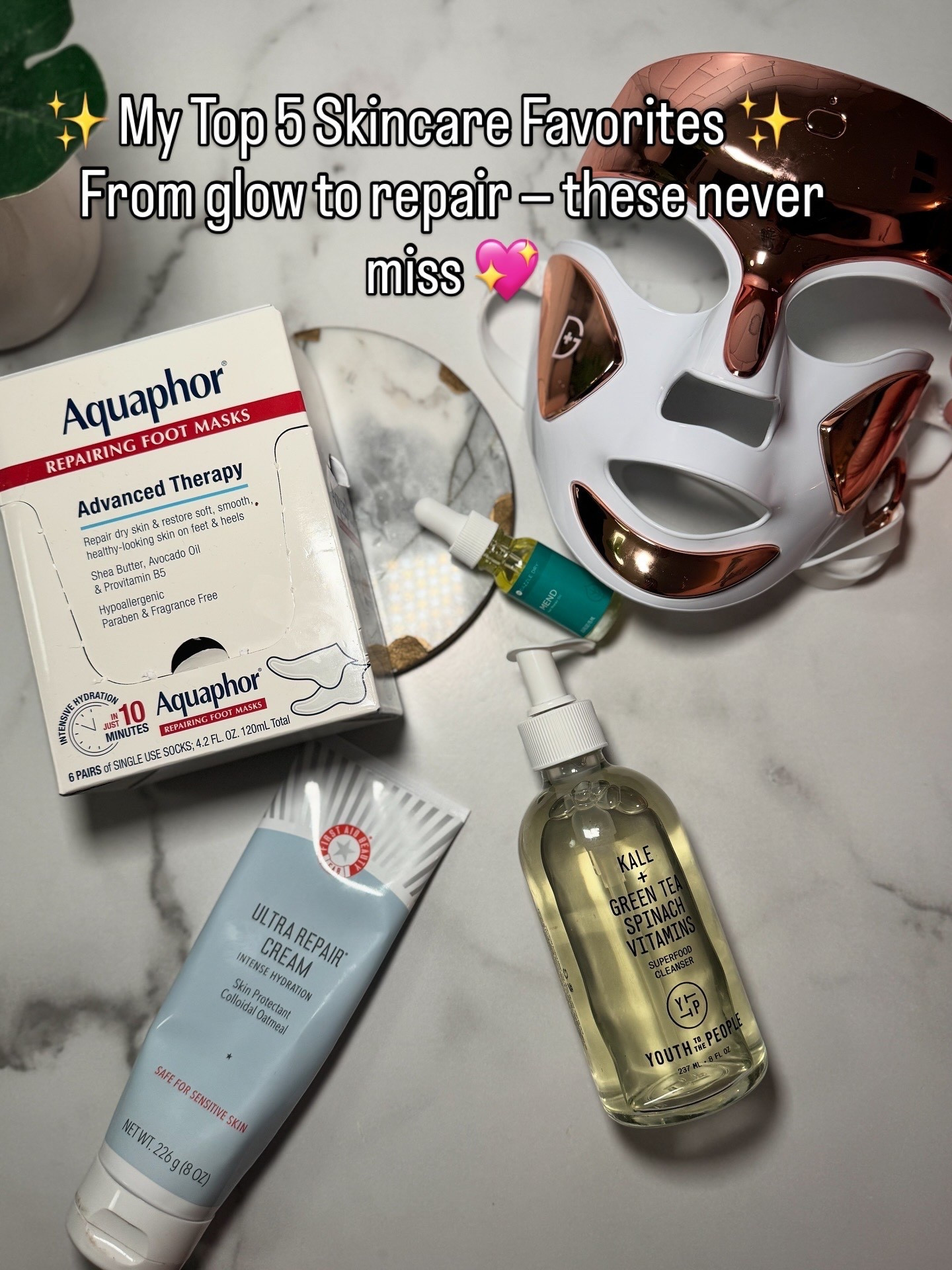 My top 5 skincare favorites 💖 From glow-boosting to hydrating, these are my holy grails I always repurchase:
💡 Dr. Dennis Gross LED Mask
💅 Mend Cuticle Oil
💧 First Aid Beauty Body Lotion
👣 Aquaphor Repairing Foot Masks
🌿 Youth to the People Superfood Cleanser

Shop my skincare must-haves for glowing, hydrated skin ✨ #skincarefavorites #glowingskin #beautymusthaves

#LTKU #LTKStyleTip #LTKBeauty