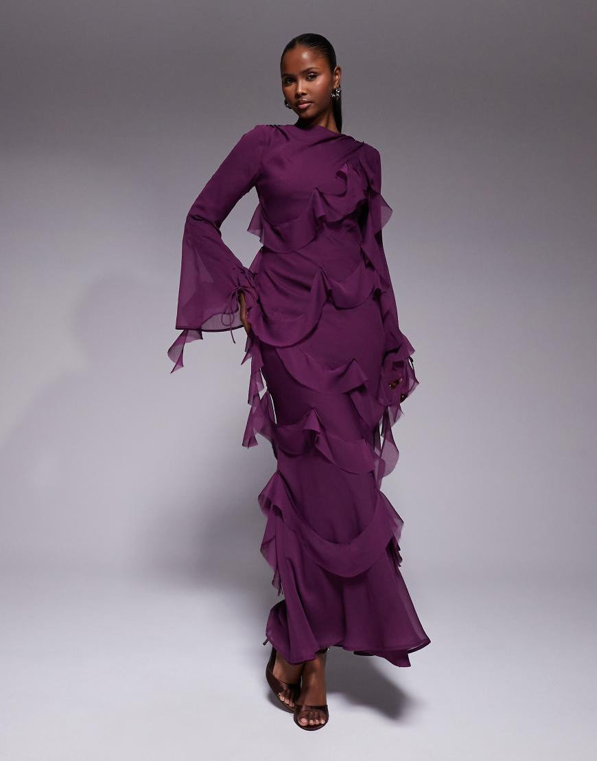 ASOS DESIGN draped raw edge ruffle long sleeve maxi dress in purple | ASOS (Global)