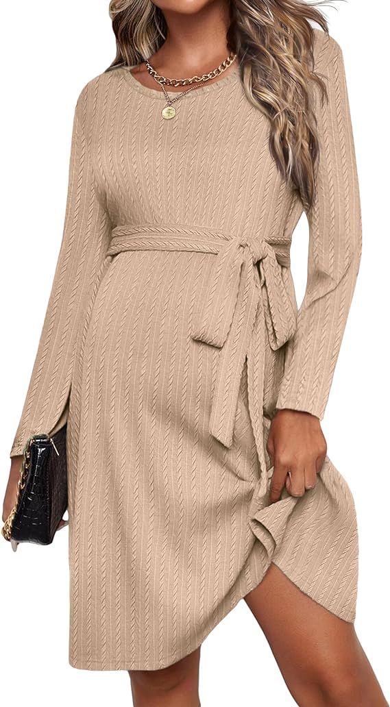 Ekouaer Women's Maternity Dress Rib Knit Long Sleeve Casual Pregnancy Dresses Crewneck Pregnancy ... | Amazon (US)