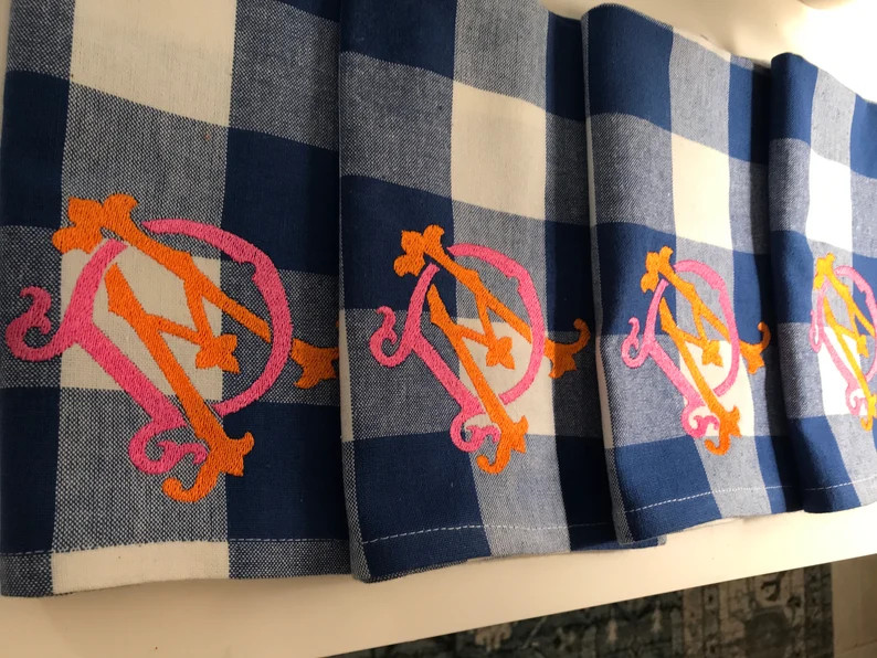 Monogrammed Blue and White Buffalo Checked Napkins With Interlocking Vintage Chic Font - Etsy | Etsy (Global)