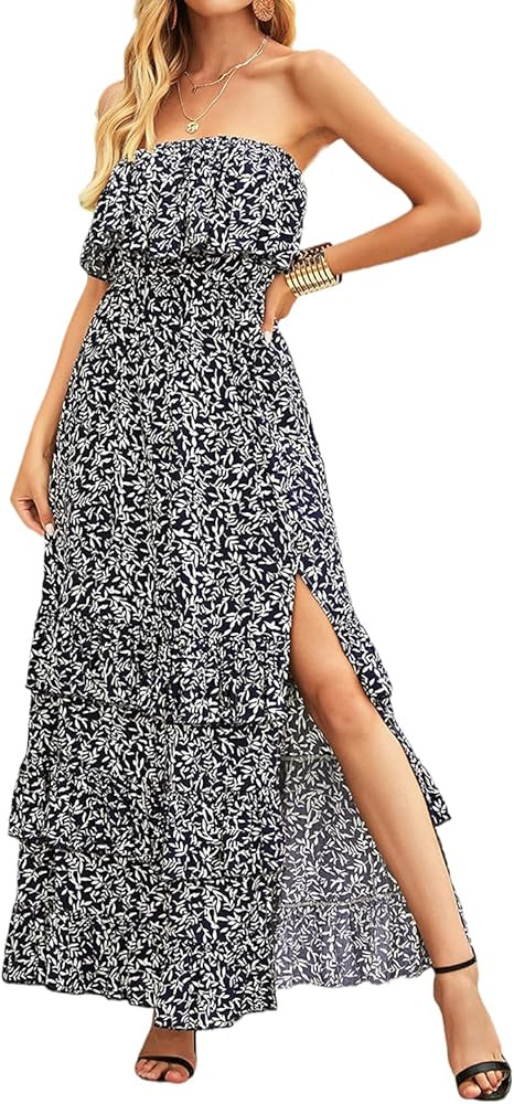 Yidarton Women Summer Blue and White Porcelain Strapless Boho Maxi Long Dress | Amazon (US)