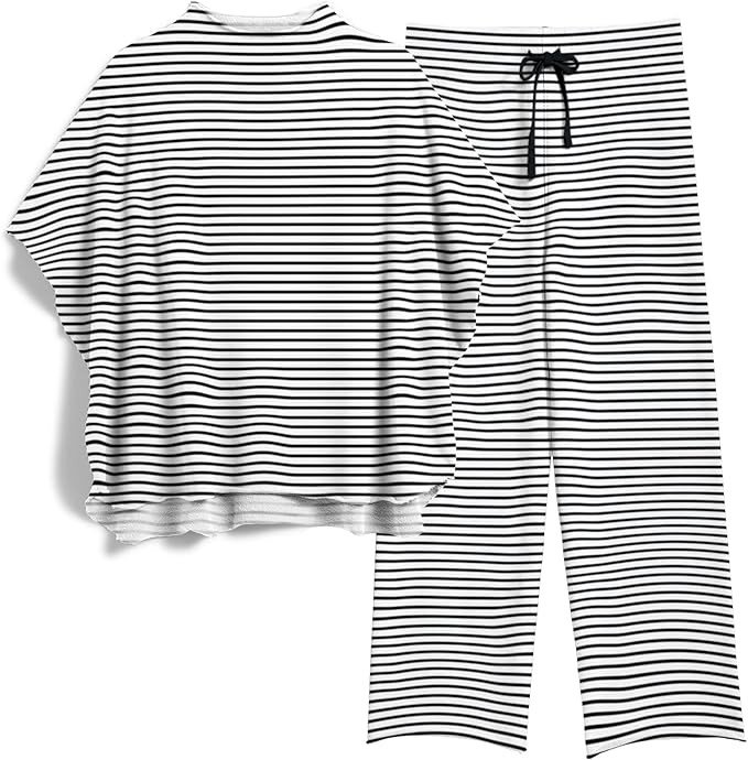 Women's Two Piece Outfits 3/4 Batwing Sleeve Capelet Crew Neck Pullover Top Wide Leg Pants Lounge... | Amazon (US)