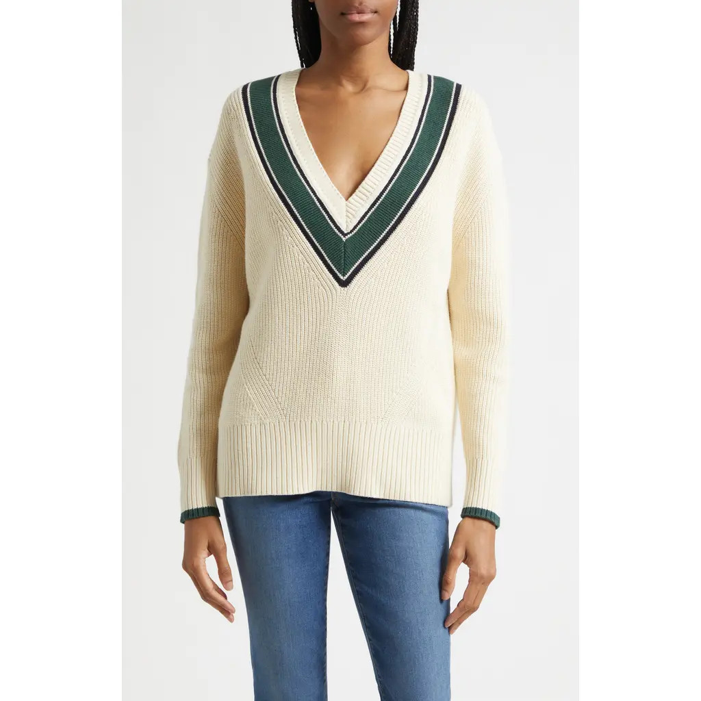 Veronica Beard Jovren Contrast Detail Cotton & Cashmere Sweater in Ecru at Nordstrom, Size Large | Nordstrom