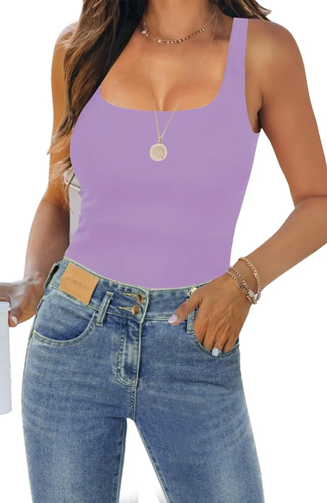 Womens Tank Tops Dressy Summer Sleeveless Shirts Sexy Square Neck Double Lined Fitted Tops T Shir... | Amazon (US)