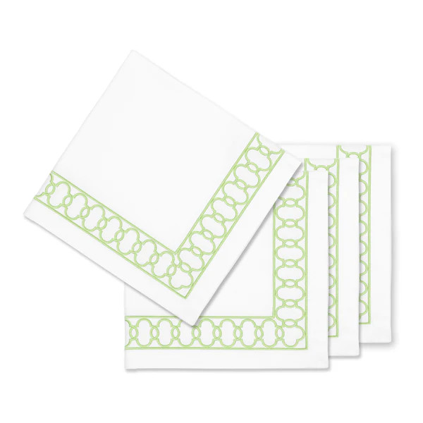 Coastal Indoor Outdoor Embroidered Napkin Set of 4, Begonia Pattern Chain Frame, Green, 20"x20" | Hofdeco