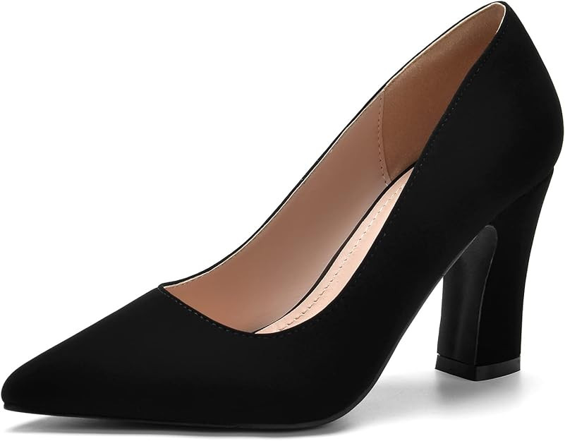 BUEUPU Women's Chunky High Heels Closed Pointed Toe Pumps Dress Office Shoes for Women | Amazon (US)