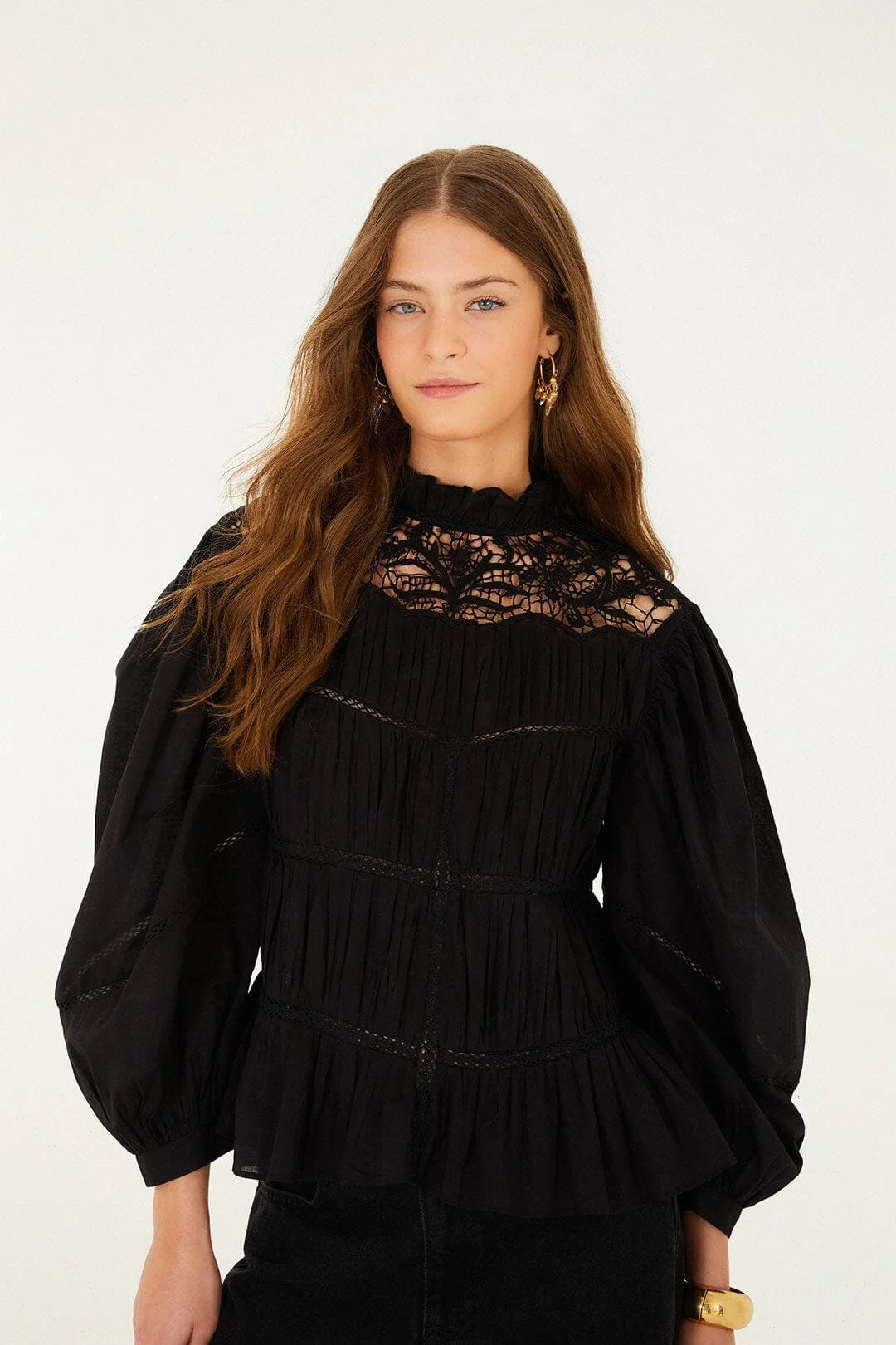 Black Lace Puff Sleeve Blouse | FARM Rio | FarmRio (US)