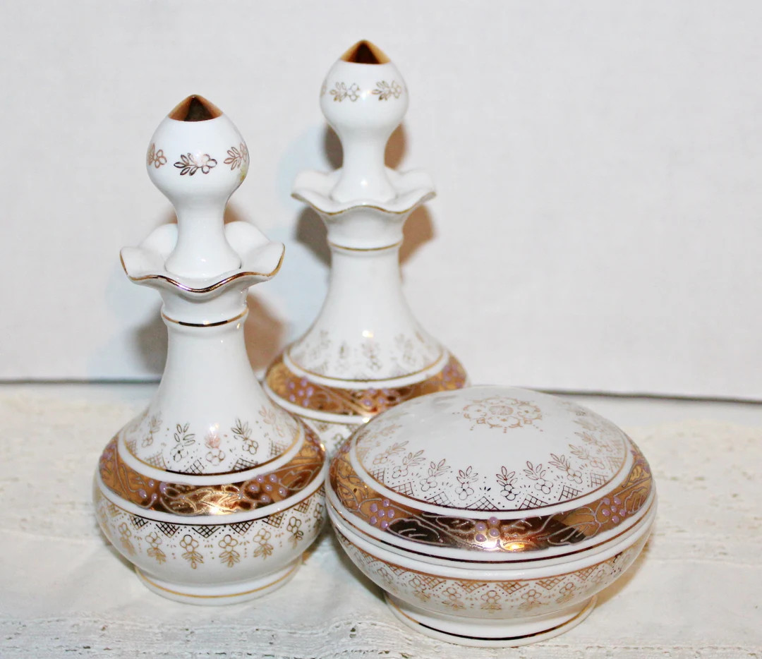 Vintage Andrea Japan White & Gold Porcelain Perfume Bottles and Powder Jar Matched Vanity Set Bea... | Etsy (US)