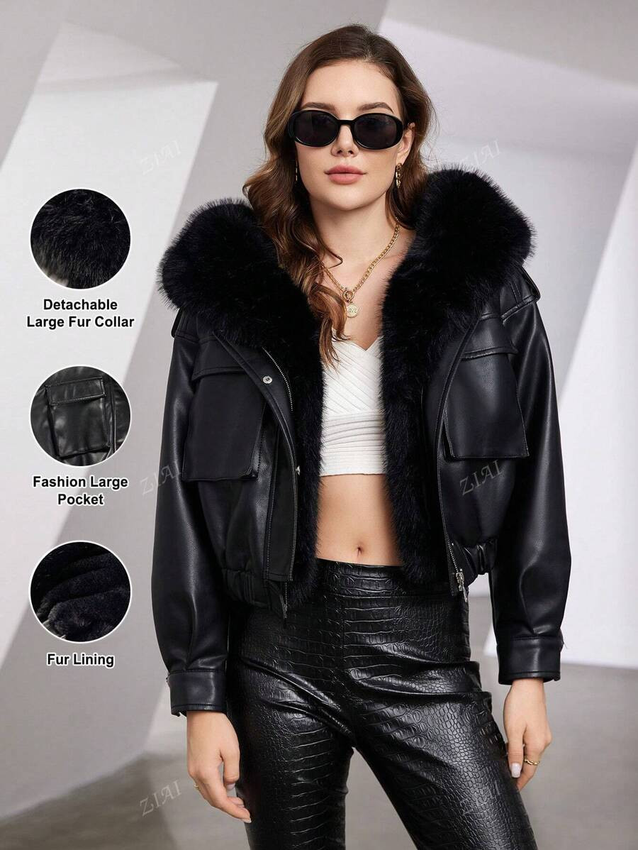 ZIAI High End Detachable Large Fur Collar Short Fashion Autumn And Winter Warm Hooded Women's Lea... | SHEIN
