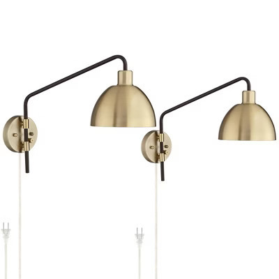 360 Lighting Colwood Mid Century Modern Swing Arm Wall Lamps Set of 2 Brass Bronze Plug-in Light Fixture Adjustable Dome Shade for Bedroom Living Room | Target