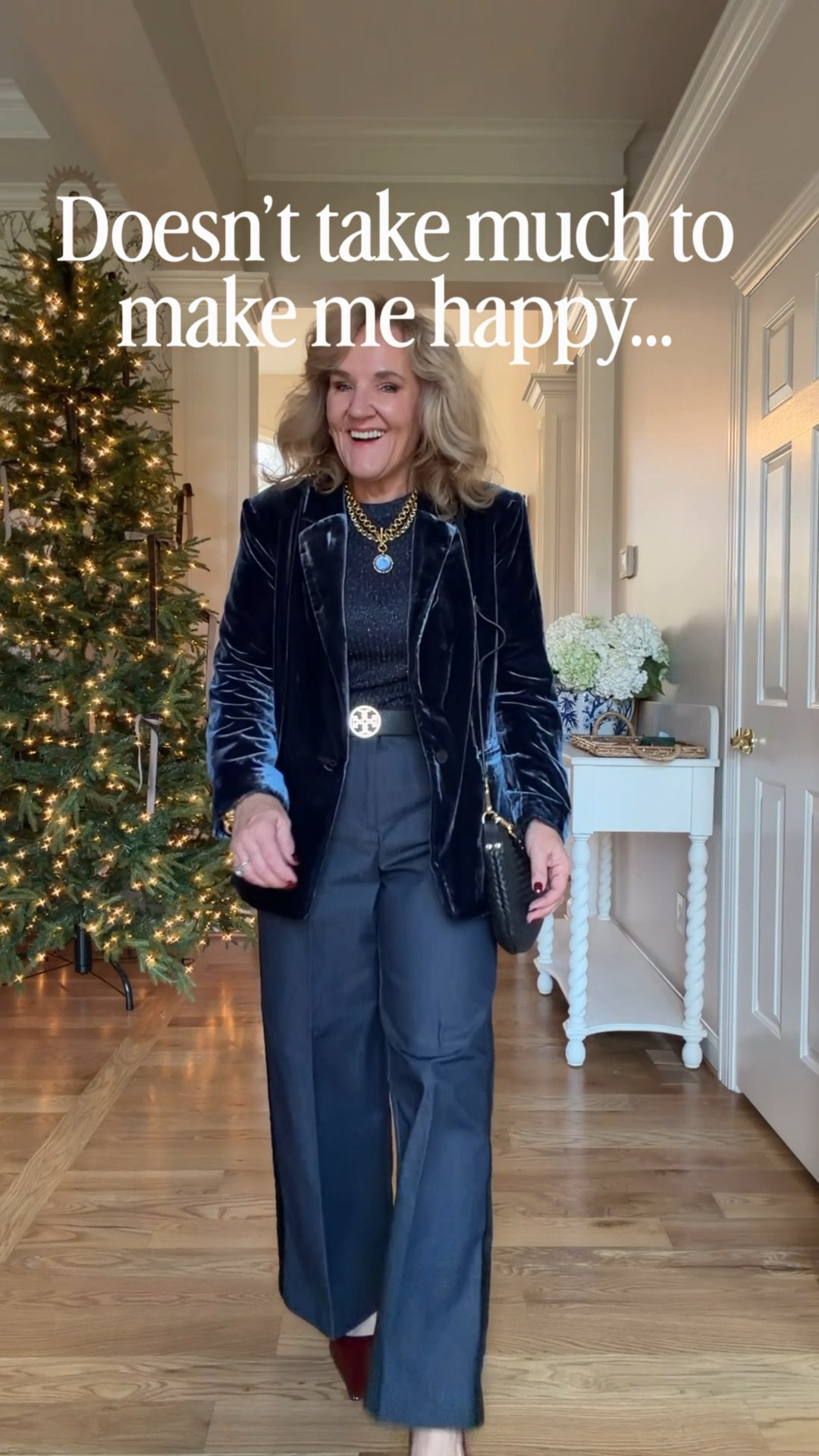 @loft tuxedo stripe jeans size 8 petite 
Metallic sweater size medium 
Blue velvet jacket medium petite 
Blue velvet pants medium petite 8 petite 
Embellished sweater size medium 
Slingbacks size up 1/2 
@julievos tanzanite pieces are gorgeous! Definitely splurge worthy 
Tory Burch reversible belt 

New Year’s Eve holiday parties 

#LTKHoliday #LTKWorkwear #LTKOver40