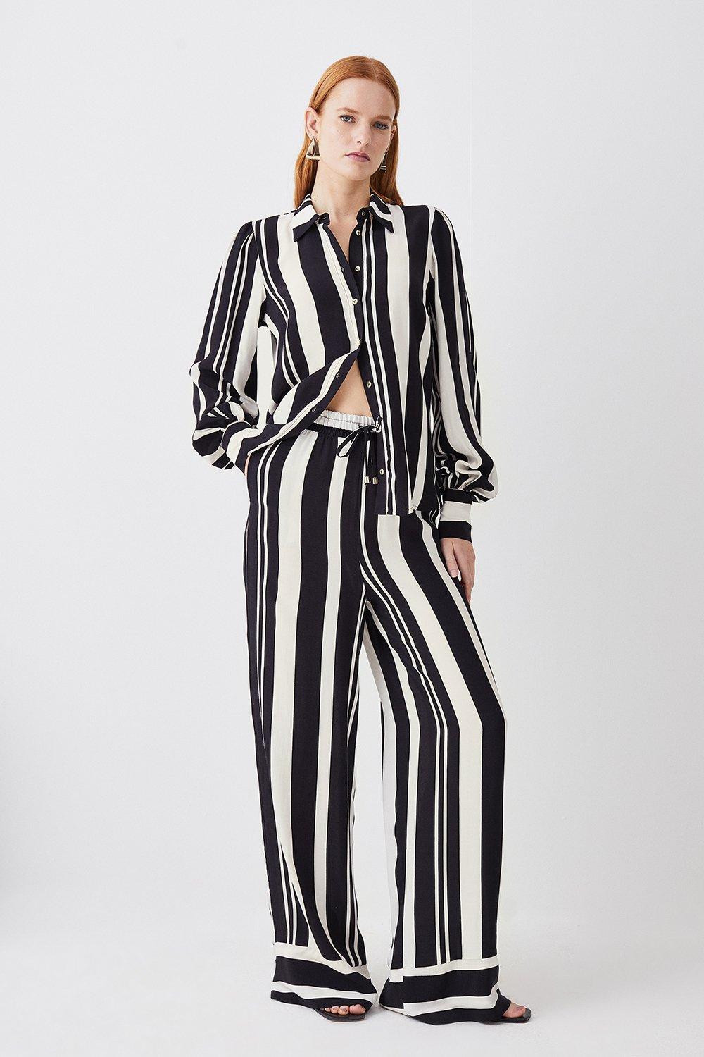 Mixed Stripe Woven Wide Leg Trouser | Karen Millen UK + IE + DE + NL