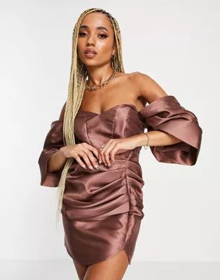 ASOS LUXE drape wrap satin mini dress with structured sleeve in chocolate | ASOS (Global)