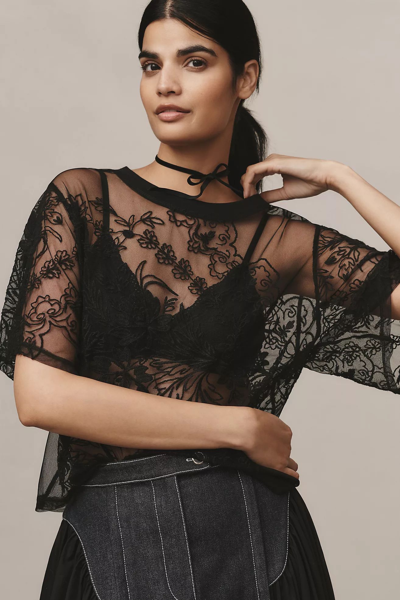 By Anthropologie Short-Sleeve Embroidered Mesh Top | Anthropologie (US)
