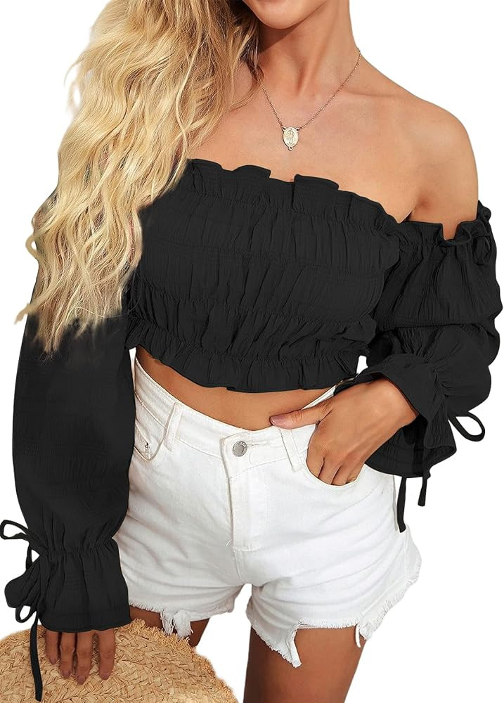 LYANER Women's Off The Shoulder Ruffle Trim Drawsting Puff Long Sleeve Tube Crop Blouse Shirt Top | Amazon (US)