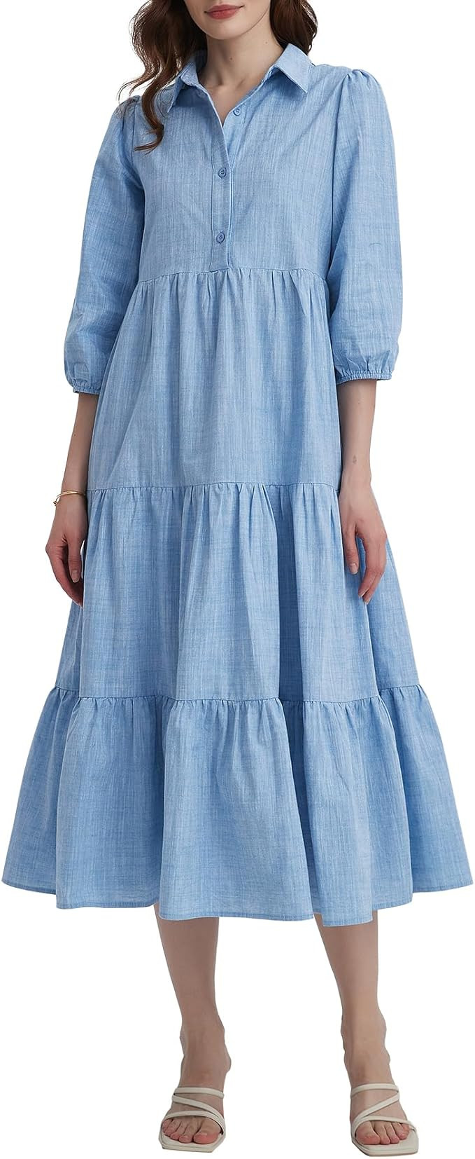 Kedera Womens 3/4 Sleeve Tiered Maxi Dresses Casual Button Down Tie Waist Flowy Shirt Midi Dresse... | Amazon (US)