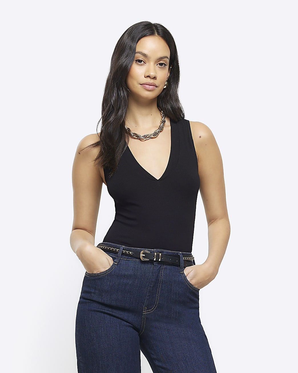 Black ribbed v neck vest | River Island (UK & IE)