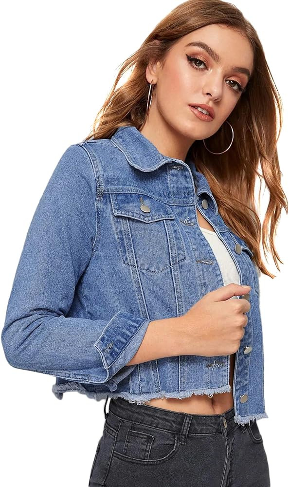 Romwe Women's Casual Long Sleeve Pockets Washed Distressed Denim Jean Jacket | Amazon (US)