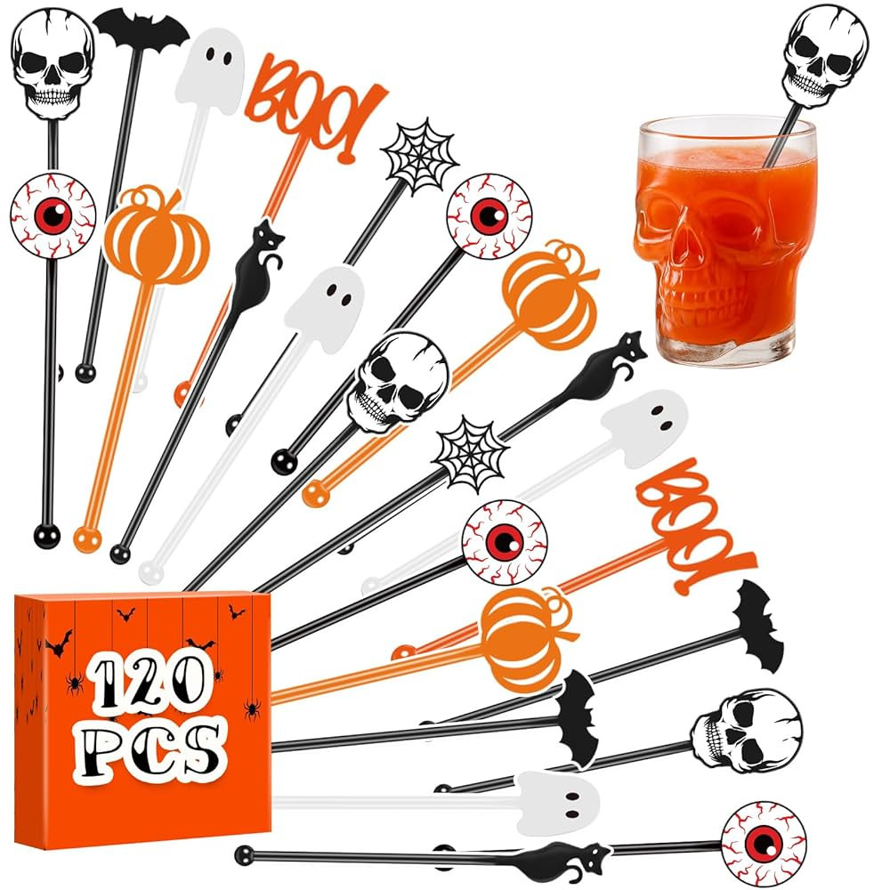 Chengu 120 Pcs Halloween Swizzle Sticks Plastic Coffee and Cocktail Stirrers Halloween Drink Stir... | Amazon (US)