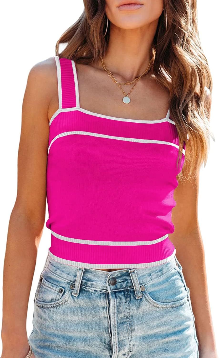 HOTAPEI Women's Square Neck Knit Tank Tops Slim Fit Color Block Patchwork Sleeveless Crop Cami To... | Amazon (US)