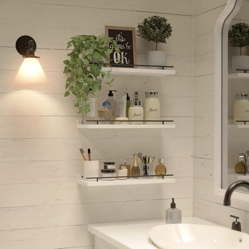 Set of 3 floating shelves with metal guardrail | Bed Bath & Beyond