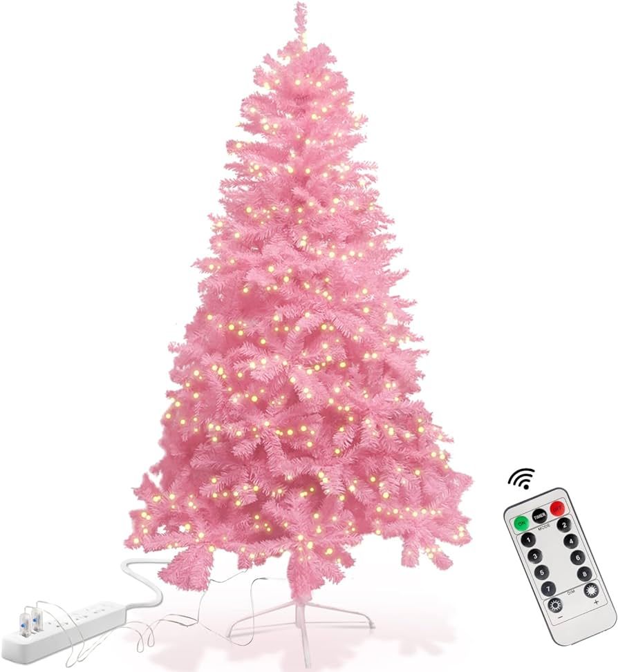 7.5ft Pink Christmas Tree with USB String Lights, Artificial Christmas Tree with Metal Stand 1000... | Amazon (US)