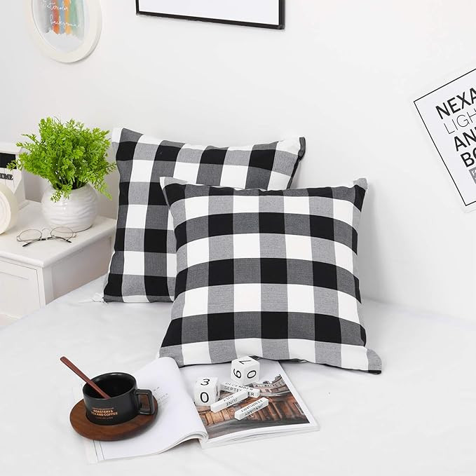 Farmhouse Christmas Decor Pillow Covers, Black and White Buffalo Checkers Plaids Cotton Throw Pil... | Amazon (US)