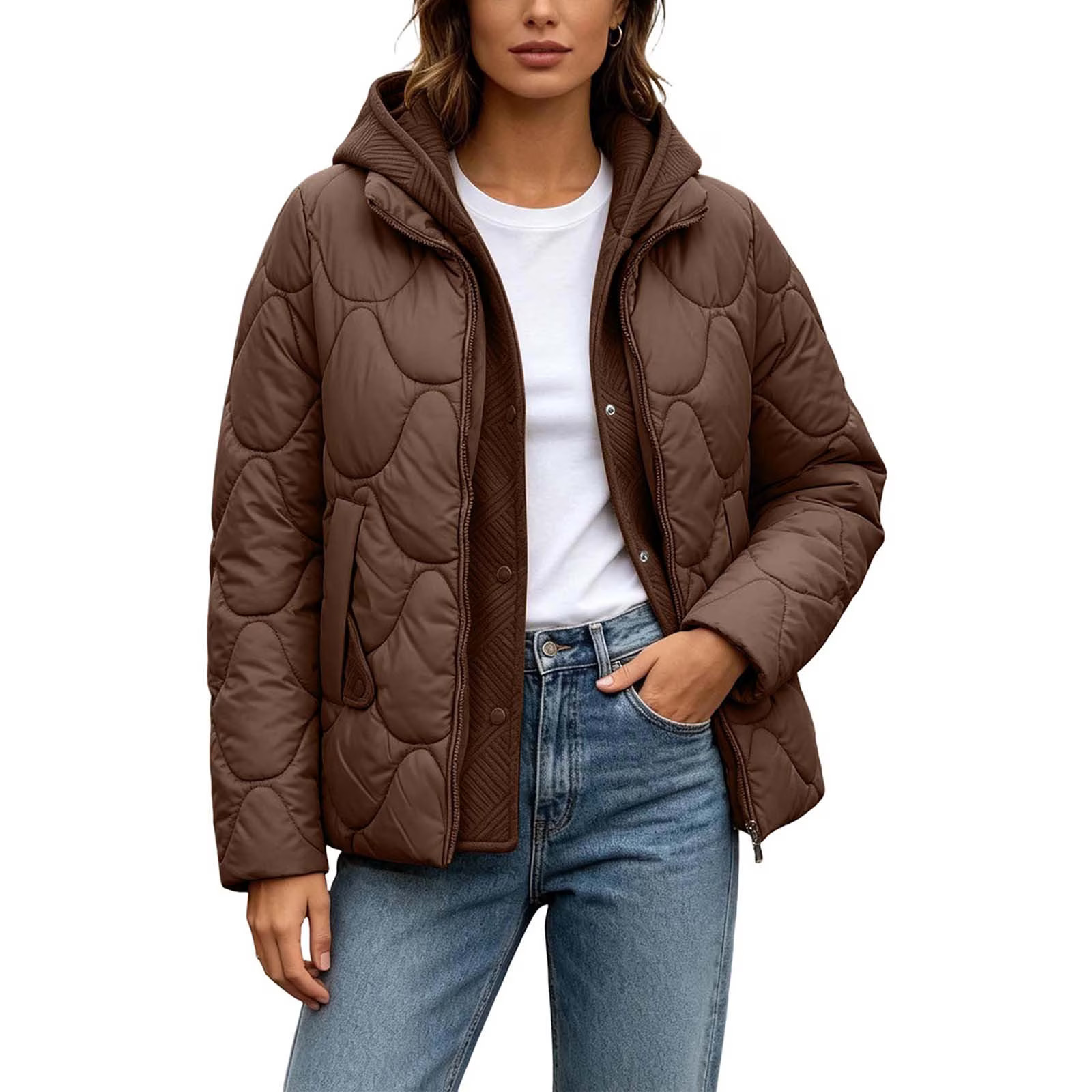 Awdenio Womens Fall Jackets Oversized Lightweight Quilted Hooded Patchwork Fake Two Piece Jacket - Walmart.com | Walmart (US)