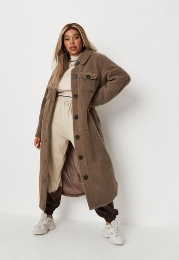 Plus Size Brown Borg Formal Longline Coat | Missguided (US & CA)