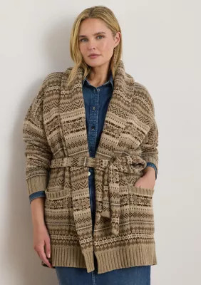 Lauren Ralph Lauren Women's Plus Size Fair Isle Belted Wool-Blend Cardigan | Belk