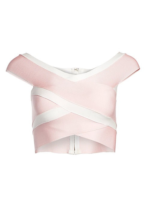 Herve Leger Women's Two-Tone Stripe Bandage Off-The-Shoulder Crop Top - English Rose - Size Medium | Saks Fifth Avenue