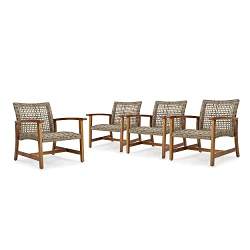 Christopher Knight Home Hampton Outdoor Mid-Century Wicker Club Chairs with Acacia Wood Frame, 4-Pcs Set, Natural Stained / Grey | Amazon (US)