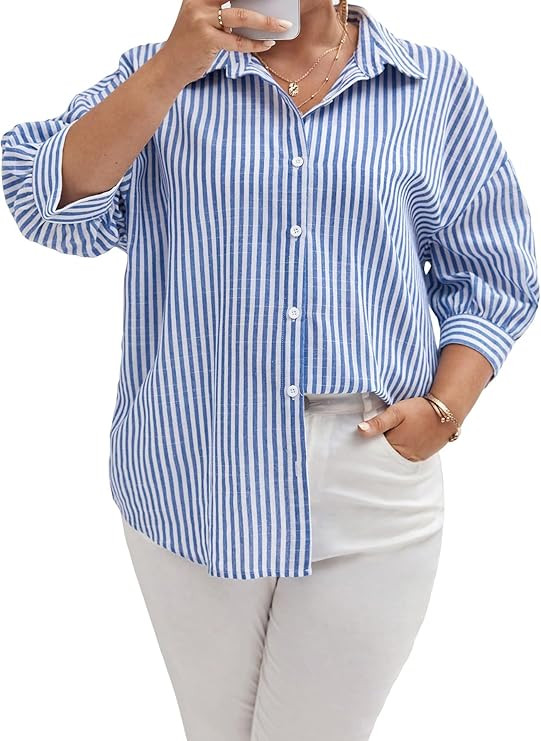 Floerns Women's Plus Size Striped Print Button Down 3/4 Sleeve Shirt Top | Amazon (US)