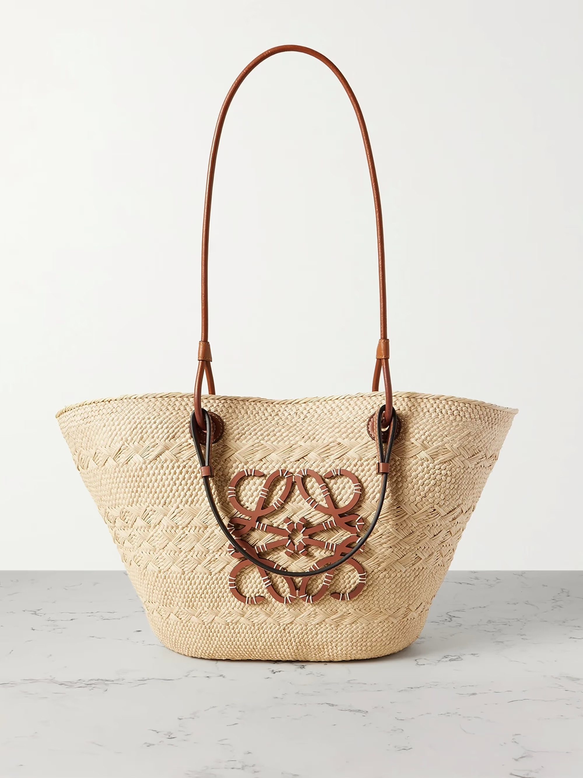 + Paula's Ibiza Anagram medium leather-trimmed woven raffia tote | NET-A-PORTER APAC