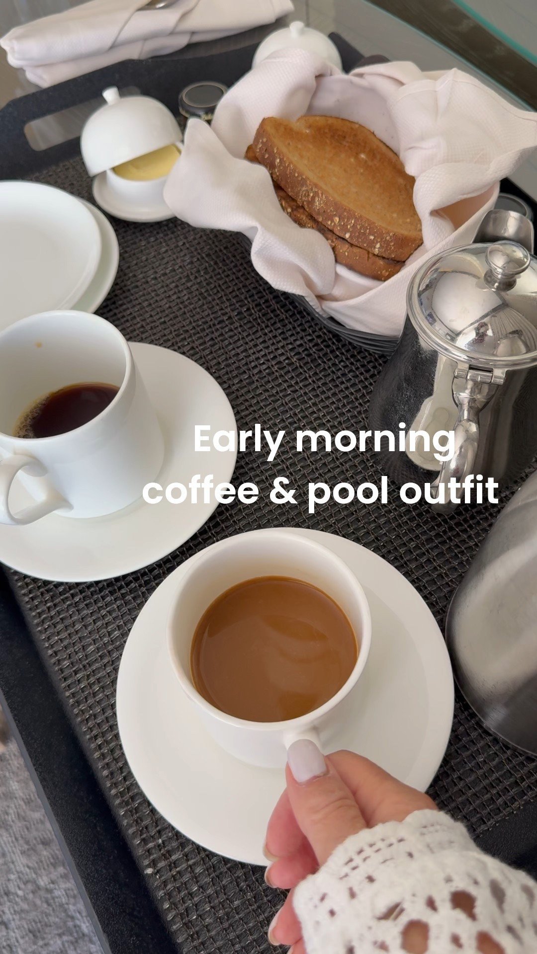 Early morning coffee with friends 

Bathing suit
Cover up
Sandals
Hat
Sunnies
