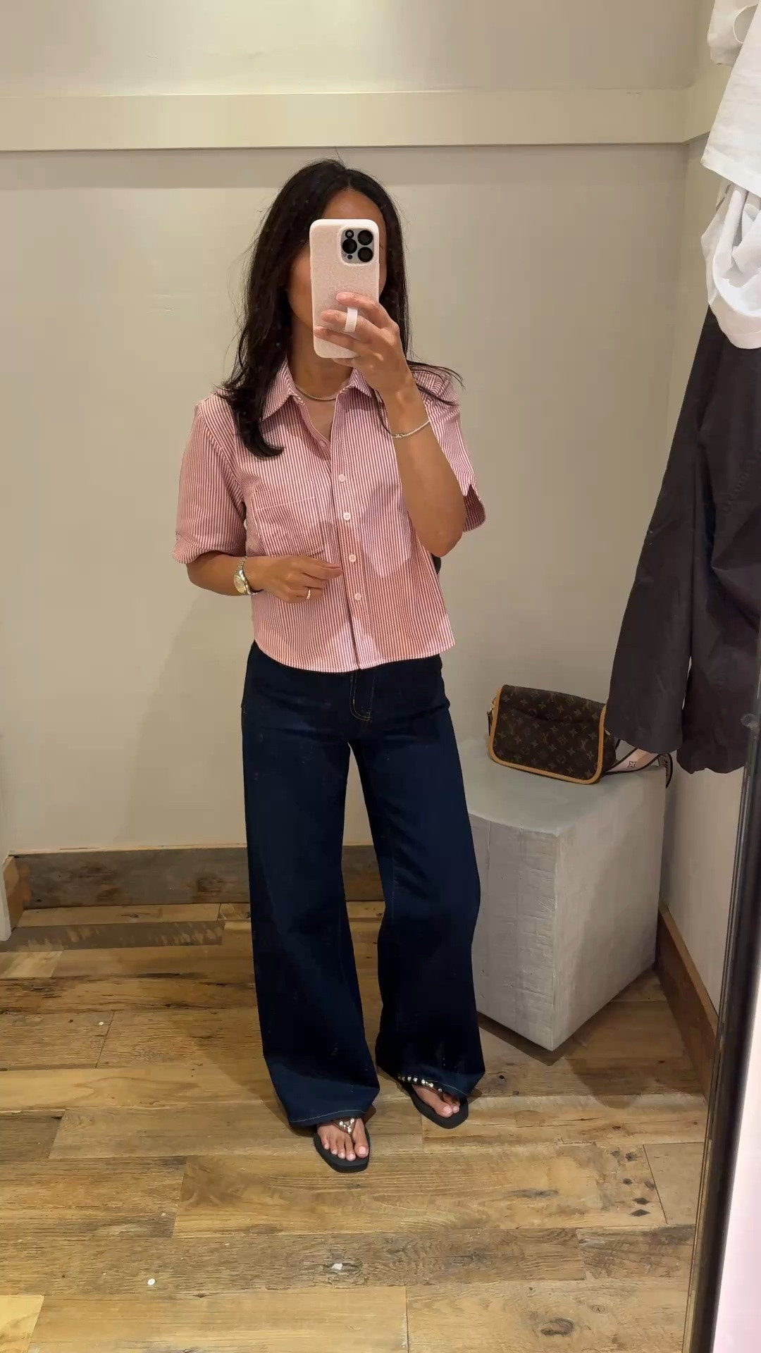 Top is a really cute take on a button down. Cropped length is perfect for high waisted bottoms. Showing a size up, but would prefer true to size. Multiple colors available. Nice substantial material that keeps shape.

Frame jeans on sale. Some are also additional 50% off. Slim palazzo style. True to size. Good fit with stretch. Will use as dressy jeans.

#LTKOver40