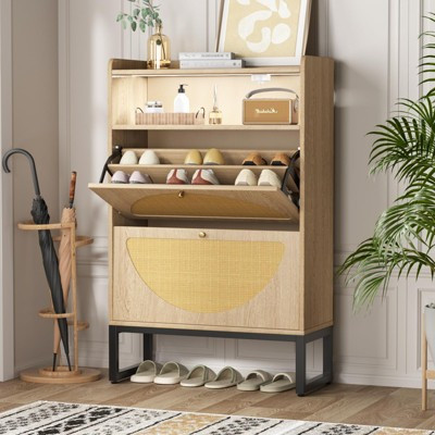 Rattan Shoe Cabinet with 2 Flip Drawers & Sensor Light for Entryway,Natural | Target