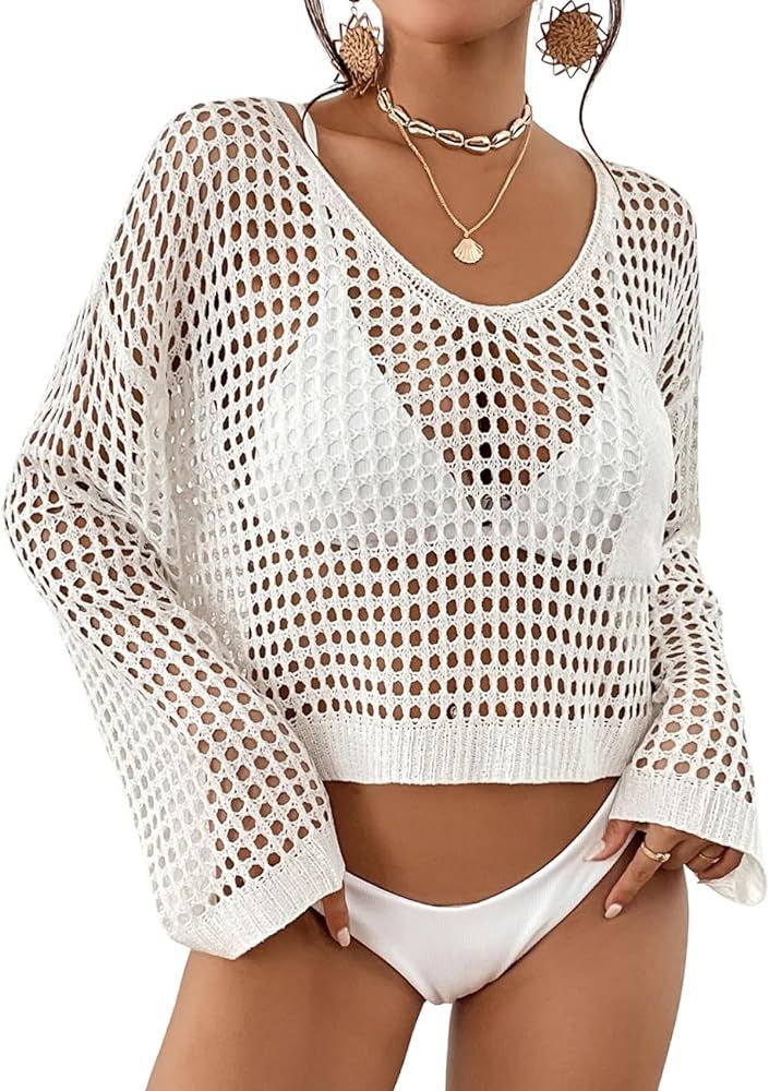Bsubseach Womens Crochet Crop Top Beach Swimsuit Cover Up Long Sleeve Hollow Out Bathing Suit Cov... | Amazon (US)