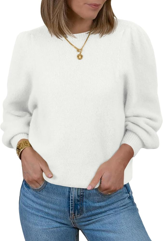 Saodimallsu Womens Puff Long Sleeve Sweaters Fall Crew Neck Cozy Soft Knit Loose Casual Pullover ... | Amazon (US)