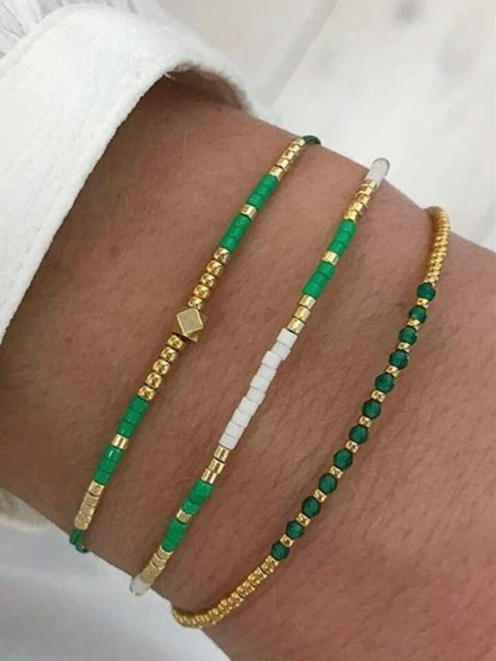 3pcs Green Handmade Crystal Bead Elastic Bracelet Set For Vacation, Party And Beach Accessories | SHEIN